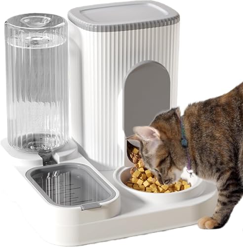 Futterautomat Katze Automatischer Futterspender Wassertränker im Set für Kleintiere Katzen Futterspender und Katzen Wasserspender im Set für Hunde Katzen Haustiere (Grau) von Denxahao