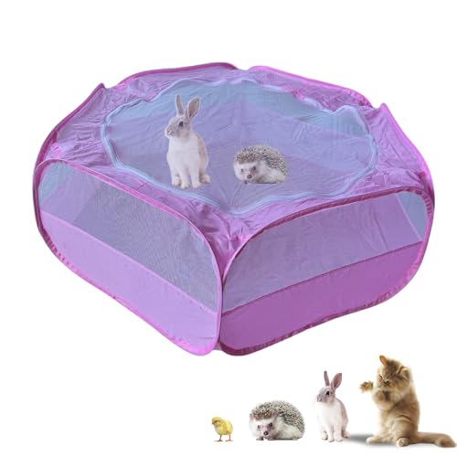 Kleintier-Laufstall mit Netzabdeckung mit Reißverschluss, tragbar, faltbar, für drinnen und draußen, für Meerschweinchen, Kaninchen, Frettchen, Chinchillas, Kätzchen (Rosa) von Denyskwin