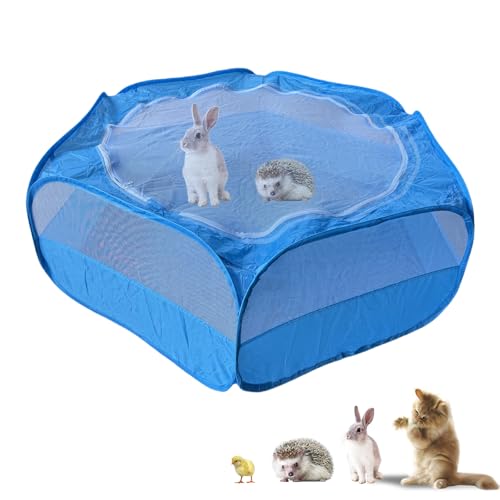 Kleintier-Laufstall mit Netzabdeckung mit Reißverschluss, tragbar, faltbar, für drinnen und draußen, für Meerschweinchen, Kaninchen, Frettchen, Chinchillas, Kätzchen (blau) von Denyskwin