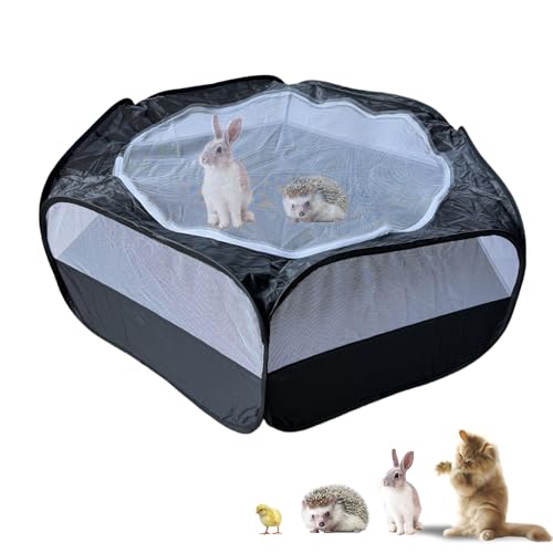 Kleintier-Laufstall mit Netzabdeckung mit Reißverschluss, tragbar, faltbar, für drinnen und draußen, für Meerschweinchen, Kaninchen, Frettchen, Chinchillas, Kätzchen (schwarz) von Denyskwin