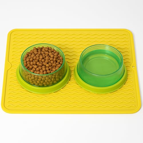 Silikon-Haustier-Futtermatte für Hunde, Katzen, Kleintiere, rutschfeste wasserdichte Futter- und Wassermatte mit erhöhtem Rand, BPA-frei, praktische Hakenaufbewahrung von Dependable Industries (Gelb, Silikon-Haustier-Futtermatte für Hunde, Katzen, Kleintiere, rutschfeste wasserdichte Futter- und Wassermatte mit erhöhtem Rand, BPA-frei, praktische Hakenaufbewahrung von Dependable Industries (Gelb, von Dependable Industries inc. Essentials