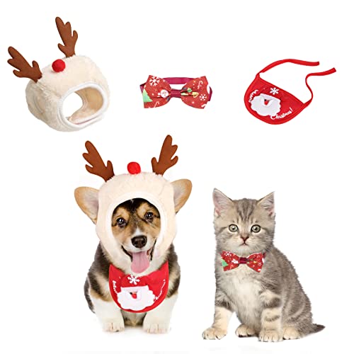 Dereine 3 Stück Hunde Katzen Weihnachten Kostüm Zubehör Set,Haustier Justierbare Weihnachtssankt mit Hüte,Sabber Tücher,Fliege,Schal für Kleine Hunde Katzen Haustier (Weiß) von Dereine