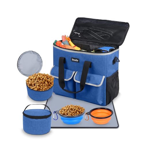 Desfir Reisetasche für Hunde, von Fluggesellschaften zugelassener Haustier-Organizer mit Multifunktionstaschen, 2 x Lebensmittelbehälter und 2 x faltbare Hundenäpfe, perfektes Wochenend-Reise-Set für von Desfir
