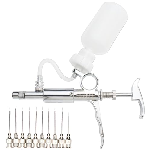 Deskium Spritze Injektor Geflügel 5 ml Automatisch Mehrzweck 10 Nadeln austauschbar inklusive Vieh Hunde Impfstoff Druckkontrolle Einstellbar Baustahl Edelstahl von Deskium