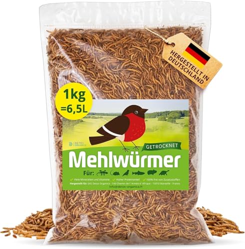 Mehlwürmer Getrocknet, 1Kg (6,5L) getrocknete Mehlwürmer mit sehr hohem Proteingehalt, Würmer für Reptilien, Vögel, Wildvögel, Igel, Fische, Schildkröten & Nager – Premium Qualität von Detox Organica