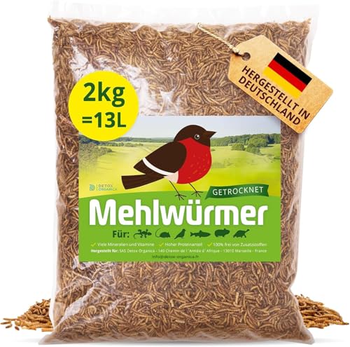 Mehlwürmer Getrocknet, 2Kg (13L) getrocknete Mehlwürmer mit sehr hohem Proteingehalt, Würmer für Reptilien, Vögel, Wildvögel, Igel, Fische, Schildkröten & Nager – Premium Qualität von Detox Organica