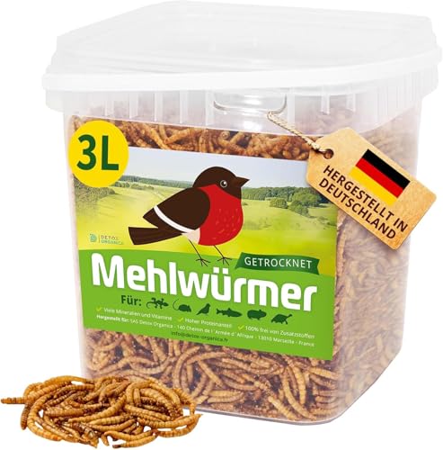 Detox Organica Mehlwürmer Getrocknet, 3L getrocknete Mehlwürmer mit sehr hohem Proteingehalt, Würmer für Reptilien, Vögel, Wildvögel, Igel, Fische, Schildkröten & Nager 460g – Premium Qualität von Detox Organica