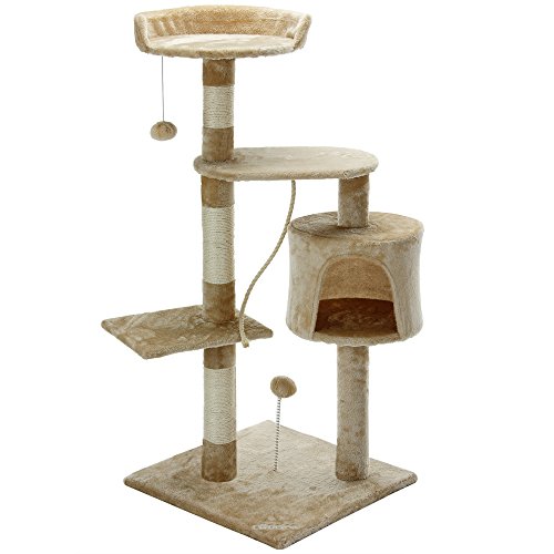 CADOCA® Kratzbaum 112 cm Beige mit Höhle + 3 Plattformen + 2 Spielbälle + 1 Spielseil Kratzstamm Katzenkratzbaum Katzenmöbel Katzenschlafplatz von Deuba