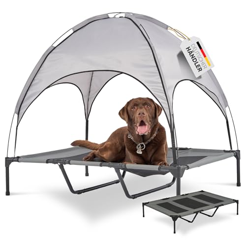 Deuline Hundeliege mit Dach erhöhtes Hundebett Garten Outdoor Haustierliege XL-122x91x23/114cm GRAU 520084 von Deuline