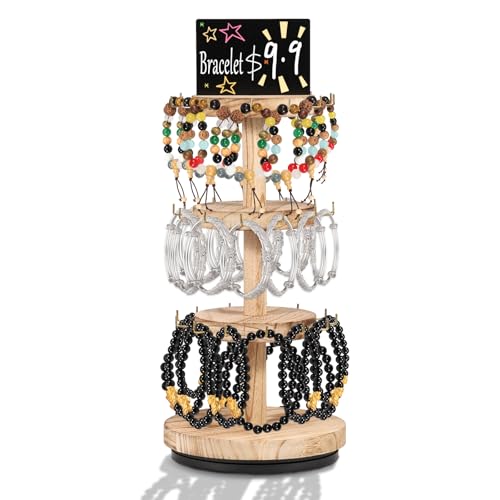 Deuson Armbandhalter mit 3 Etagen mit Haken und Werbetafel, Holz, drehbarer Armband-Organizer, große Kapazität, Schlüsselanhänger-Ständer zum Verkauf (Stil 1, Holzfarbe) von Deuson