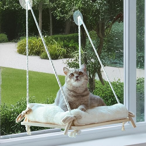 Devopet Katzenfensterstange, Katzenfensterhängematte mit Kissenbett, Massivholzsitz und starken Saugnäpfen, Sicherheitskatzenbettfenster, einfach zu installierende Katzenmöbel für große Katzen und Devopet Katzenfensterstange, Katzenfensterhängematte mit Kissenbett, Massivholzsitz und starken Saugnäpfen, Sicherheitskatzenbettfenster, einfach zu installierende Katzenmöbel für große Katzen und von Devopet