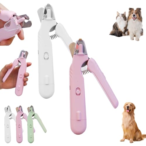 Haustier Nagelknipser mit LED-Licht, 2 in 1 Hunde Nagelschere und Krallenschleifer, Hunde Krallenschneider mit Schutz, Spritzschutz, für kleine, mittelgroße und große Hunde und Katzen (Rosa+Weiß) von Dewppxi