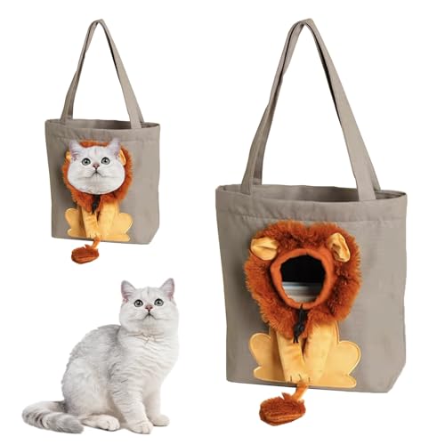 Tragetasche in Löwenform für Katzen, Cartoon-Löwe Haustier-Tragetasche, Atmungsaktive Tragbare Haustiertasche für kleine Katzen und Hunde (Grau,L) von Dewppxi