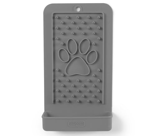 Dexas Snack & Distract Leckmatte mit Auffangschale für Hunde und Katzen, 12,7 x 22,9 cm, Hellgrau, Haftet auf den meisten glatten oder glatten Oberflächen, lindert Angstzustände, verhindert von Dexas