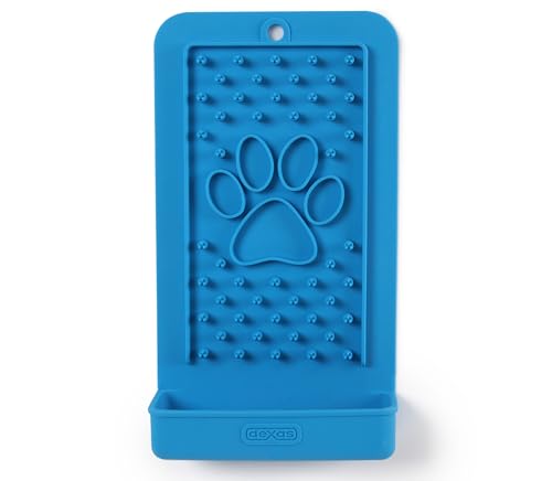 Dexas Snack & Distract Leckmatte mit Auffangschale für Hunde und Katzen, 12,7 x 22,9 cm, Pro Blue Haftet auf den meisten glatten oder glatten Oberflächen, lindert Angstzustände, verhindert Langeweile, von Dexas