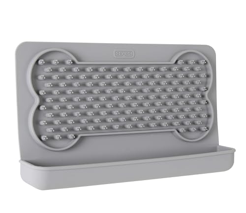 Dexas Snack & Distract Leckmatte mit Auffangschale für Hunde und Katzen, 24,1 x 14 cm, Hellgrau, haftet auf den meisten glatten oder glatten Oberflächen, lindert Angstzustände, verhindert Langeweile, von Dexas