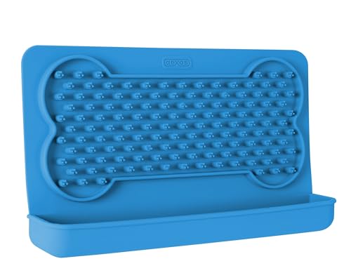 Dexas Snack & Distract Leckmatte mit Auffangschale für Hunde und Katzen, 24,1 x 14 cm, Pro Blue Haftet auf den meisten glatten oder glatten Oberflächen, lindert Angstzustände, verhindert Langeweile, von Dexas