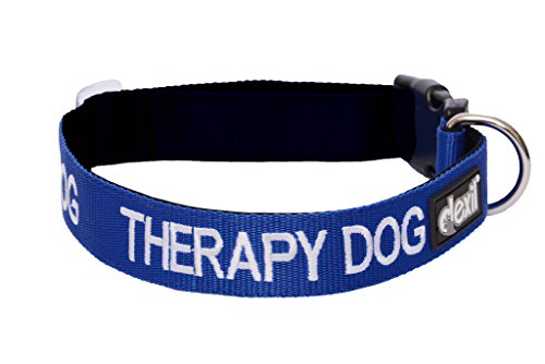 Neopren-Hundehalsband mit ‚Therapy Dog‘-Aufdruck, blau, gepolstert, als Informationsmittel in der öffentlichkeit von Dexil