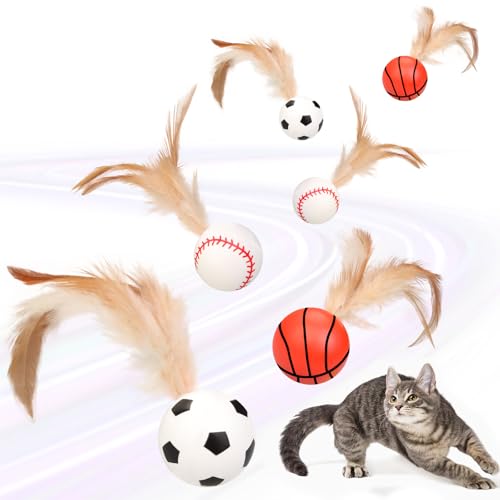 Dexspoeny 6 x Katzenfeder-Bälle, interaktiver Hüpfball mit natürlichen Federn für Katzen, elastische Mini-Katzenspielzeugbälle für drinnen und draußen, Spielübungen von Dexspoeny