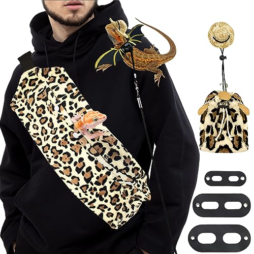 Dexspoeny Bartagamen-Leinen- und Geschirr-Set, Bartagamen-Zubehör (inklusive Brusttasche mit Leopardenmuster, Eidechsen-Kleidung und Leine, kleiner Strohhut), Bartdrachen-Dekor-Anzug für von Dexspoeny