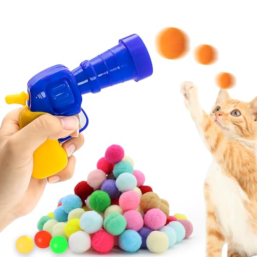 Dexspoeny Katzenspielzeug Ballwerfer, 100 Stück Katzen Pom Pom Bälle zum Selbermachen, 3 Katzen Kunststoffbälle, interaktives Katzenspielzeug für Indoor-Katzen, verbessert die Verdauung und Bewegung von Dexspoeny