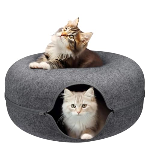 Dezain® Pet - Katzenbett Donut - runde Katzenhöhle aus Filz – teilbar in Zwei Hälften – als Katzenschlafplatz & Versteck – Kuschelhöhle für Katzen – dunkelgrau – Ø 50 cm, Höhe 20 cm von Dezain