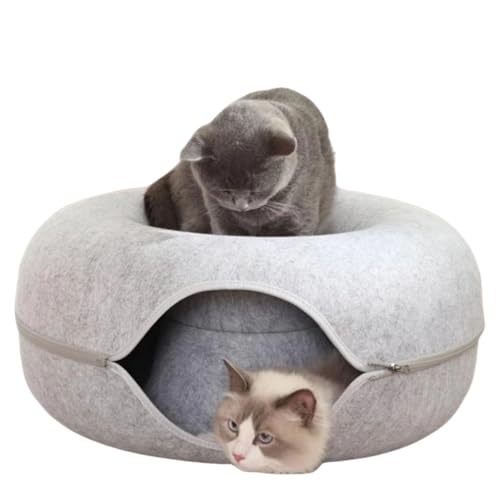 Dezain® Pet - Katzenbett Donut - runde Katzenhöhle aus Filz – teilbar in Zwei Hälften – als Katzenschlafplatz & Versteck – Kuschelhöhle für Katzen – hellgrau – Ø 50 cm, Höhe 20 cm von Dezain