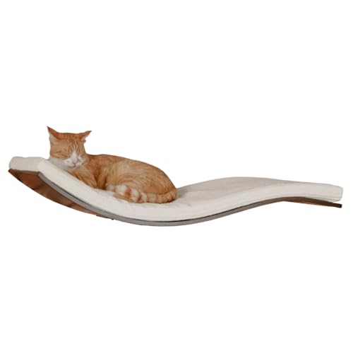 Dezain® Pet - Katzenliege Chill Deluxe von Cosy and Dozy - Katzenbrett aus Holz (Walnuss) – mit Auflage in (Weiß) (Cord White) – Set aus Katzenbett & Katzenspielzeug – 90 x 41 x 4 cm von Dezain