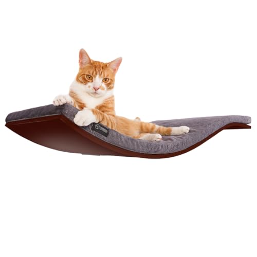 Dezain® Pet - Katzenliege Chill Deluxe von Cosy and Dozy - Katzenbrett aus Holz (Walnuss) – mit Auflage in Dunkelgrau (Dark Grey) – Set aus Katzenbett & Katzenspielzeug – 90 x 41 x 4 cm von Dezain