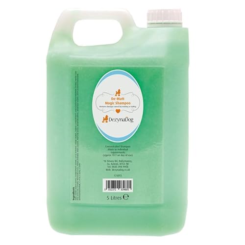 Dezynadog De-Matt Magic Dog Shampoo, unübertroffenes Pflegeshampoo für Haustiere, Entfilzungs- und Entwirrungsshampoo für Hunde, spendet trockenem Fell Feuchtigkeit, hergestellt in Großbritannien, 5L Dezynadog De-Matt Magic Dog Shampoo, unübertroffenes Pflegeshampoo für Haustiere, Entfilzungs- und Entwirrungsshampoo für Hunde, spendet trockenem Fell Feuchtigkeit, hergestellt in Großbritannien, 5L von Dezynadog