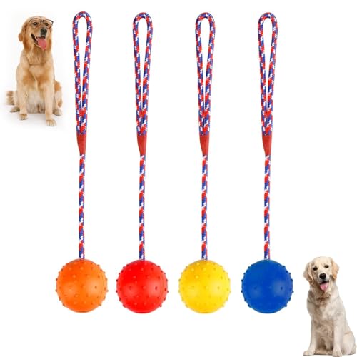 Dfuqanb 4 Stück Wurfball Hund, Ball mit Seil Naturkautschuk, Wurfball Hund Hundespielzeug, Hundeball mit Schnur, Ball für Hunde, für große und kleine Hunde beim Werfen, zufällige Farbe (5 cm) von Dfuqanb