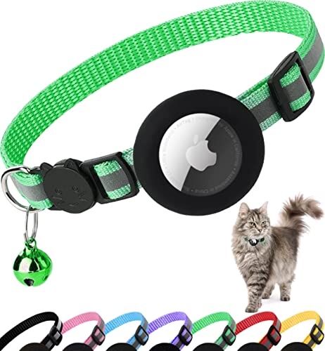 Airtag Katzenhalsband, reflektierendes Kätzchenhalsband mit Apple Air Tag Halter und Glocke für Mädchen, Jungen, Katzen, 1,1 cm breit und leicht (grün) von Dgerp