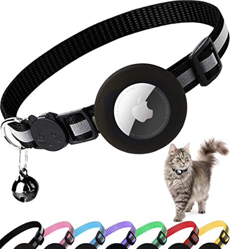 Airtag Katzenhalsband, reflektierendes Kätzchenhalsband mit Apple Air Tag Halter und Glocke für Mädchen, Jungen, Katzen, 1,1 cm breit und leicht (schwarz) von Dgerp