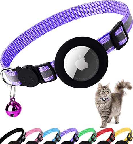 Airtag Katzenhalsband Breakaway, Reflektierendes Kätzchenhalsband mit Apple Air Tag Halter und Glocke für Mädchen Junge Katzen, 0,4 Zoll in der Breite und leicht (Lila) von Dgerp