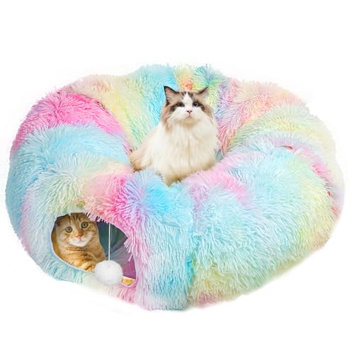 DiDiBirDi Katzentunnel, Katzentunnelbett Winter mit Zentraler Weicher Matte zusammenklappbarer Regenbogen Flauschiger Plüschz Ultra weiche Runde Donut Form mit Spiel Multifunktionales Katzenspielzeug von DiDiBirDi