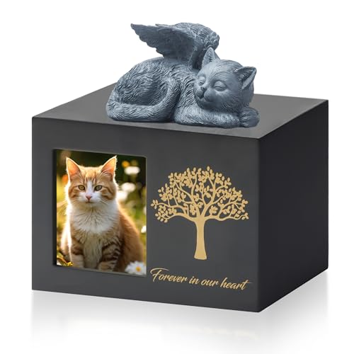 DiDiBirDi Tierurnen für Katze,Haustier Einäscherung Box,Katze Urne für Asche,Schwarze Katze Urnen aus Holz für Asche,Wird mit Einer Katzenstatue aus Kunstharz und einem Samtbeutel zur Aufbewahr von DiDiBirDi