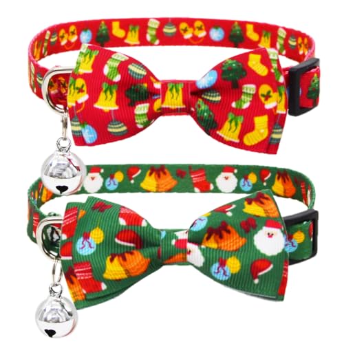 2 Stück Weihnachten Katzenhalsband mit Fliege und Glöckchen Weihnachten Breakaway Kätzchen Halsbänder mit Fliege Sicherheit Rot und Grün von Diaurbsie