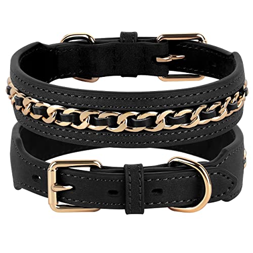 Didog Echtes Leder Hundehalsband, geflochtene Hundehalsband Leder stilvolle dauerhafte Metallkette Hundehalsband für mittlere große Hunde, schwarz, L von Didog