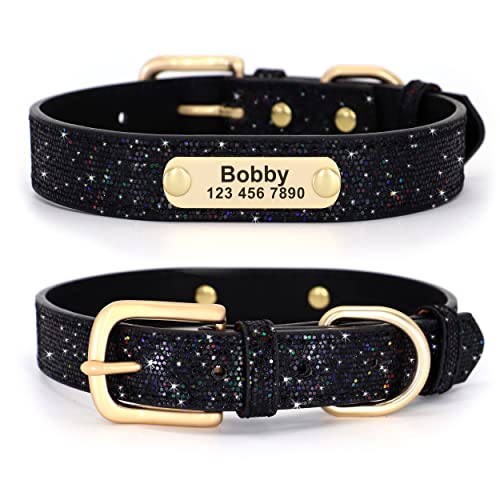 Didog Glitzer-Hundehalsband, personalisierbar, PU-Leder mit glitzernden Pailletten, personalisierbares Hundehalsband mit graviertem Namensschild für kleine, mittelgroße Hunde und Katzen, schwarz, XS von Didog