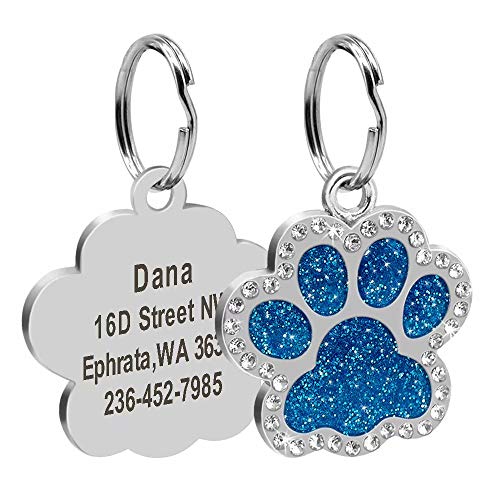 Didog Haustiermarken mit Glitzersteinen, Pfotenabdruck, personalisierbar, aus Edelstahl, für kleine, mittelgroße und große Hunde und Katzen, Blau von Didog
