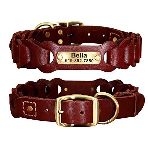 Didog Personalisiertes Hundehalsband aus echtem Leder mit individuellem Namensschild, strapazierfähig, geflochtenes Hundehalsband für mittelgroße und große Hunde, rot, L von Didog