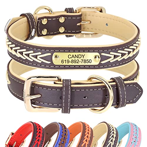 Didog Hundehalsband, Leder, mit Gravur des Namensschildes aus Messing, geflochtenes Leder, weich gepolstert, verstellbar, für kleine, mittelgroße und große Hunde,Beige, M(Halsumfang 30–39 cm) von Didog