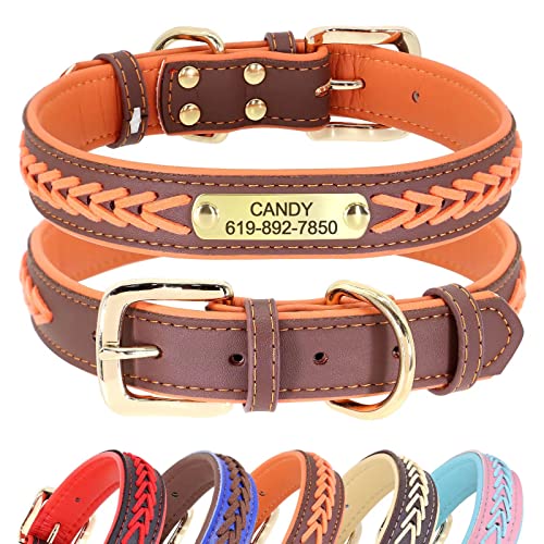 Didog Hundehalsband, Leder, mit Gravur des Namensschildes aus Messing, geflochtenes Leder, weich gepolstert, verstellbar, für kleine, mittelgroße und große Hunde,Orange, M(Halsumfang 30–39 cm) von Didog