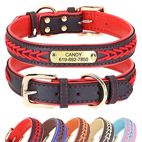 Didog Hundehalsband, Leder, mit Gravur des Namensschildes aus Messing, geflochtenes Leder, weich gepolstert, verstellbar, für kleine, mittelgroße und große Hunde,Rot, L(Halsumfang 36–46 cm) von Didog