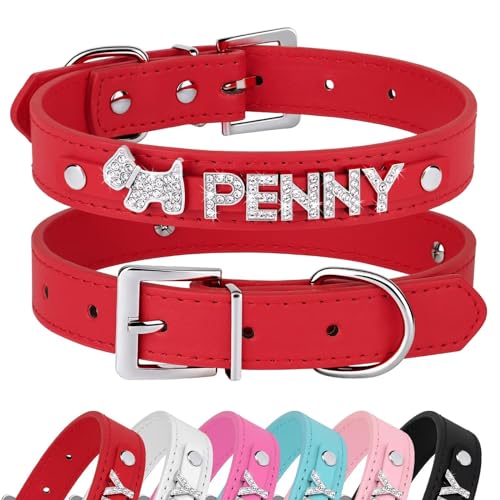 Didog Benutzerdefinierte Hundehalsbänder aus glattem PU-Leder mit Strasssteinen, personalisierbar, für kleine und mittelgroße Hunde, rot, S Didog Benutzerdefinierte Hundehalsbänder aus glattem PU-Leder mit Strasssteinen, personalisierbar, für kleine und mittelgroße Hunde, rot, S von Didog