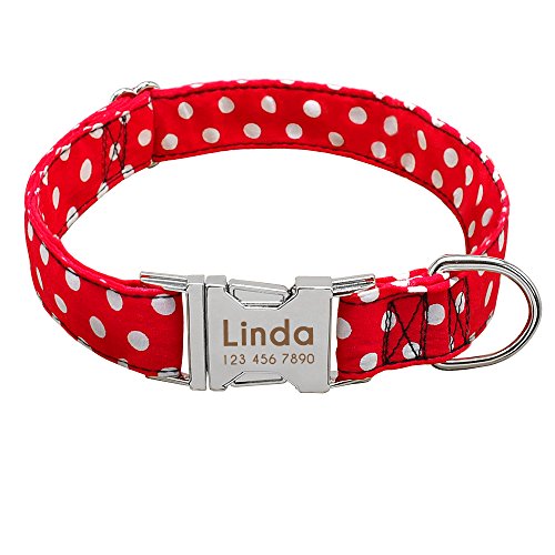 Didog Hundehalsband, weiches Nylon mit Edelstahl-Schnellverschluss-Schnalle, Punktemuster mit Namensschild, für kleine, mittelgroße Hunde, rot, kleine Größe von Didog