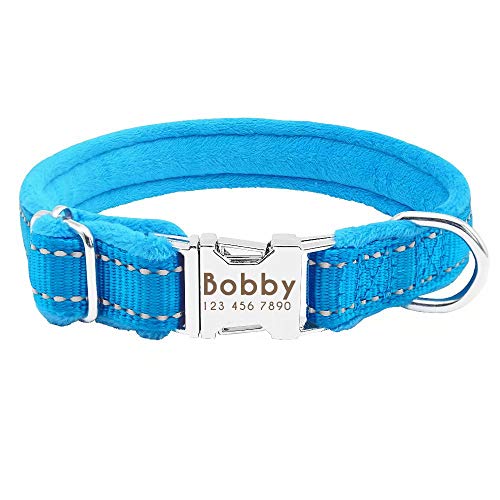 Didog Weich gepolstertes Hundehalsband, Flanell gepolstertes Hundehalsband, reflektierende Gravur, Halsband für kleine, mittelgroße und große Hunde, blau, große Größe von Didog