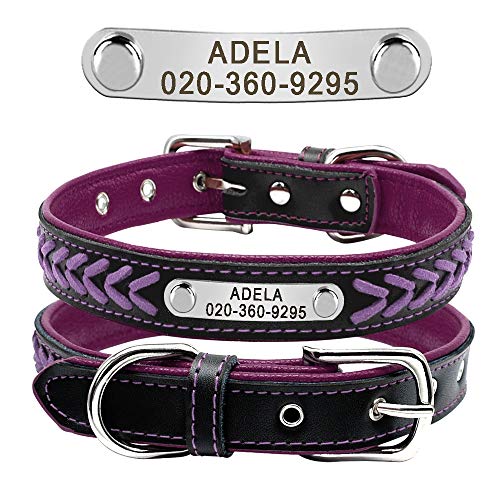 Didog Hundehalsband aus geflochtenem Leder, mit Gravur und personalisiertem Namensschild für kleine, mittelgroße und große Hunde, Violett, Größe XL von Didog