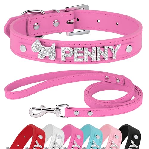Didog Hundehalsband aus glattem PU-Leder, mit Strasssteinen, personalisierbar mit Namensbuchstaben, passend für kleine und mittelgroße Hunde (XS: 1,6 x 20,3–25,4 cm, Hot Pink) von Didog