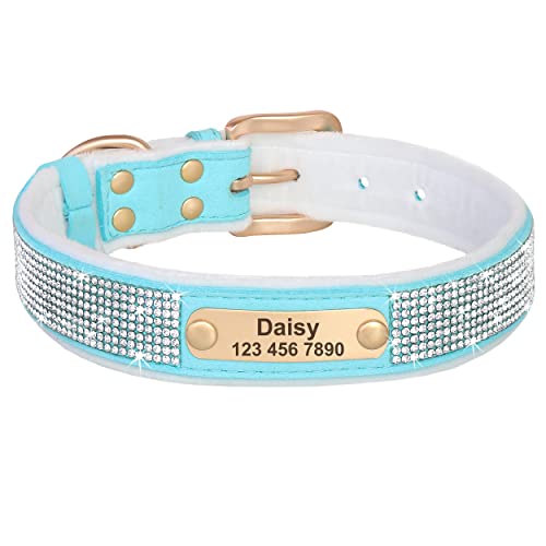 Didog Weicher Samt-Hundehalsband, personalisierbar, glitzernde Strasssteine, Haustierhalsbänder mit warmem Futter für kleine, mittelgroße und große Hunde und Katzen, Blau, S von Didog